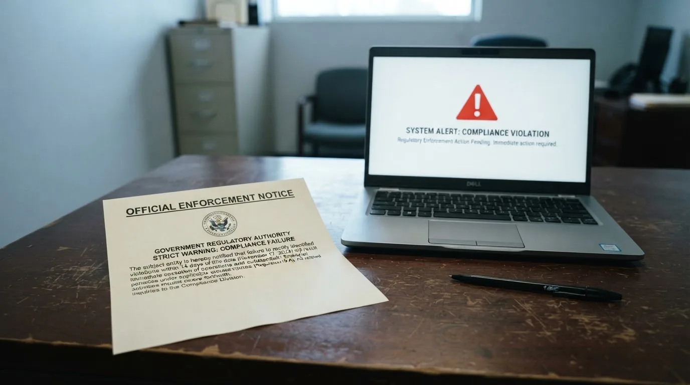 A printed government warning notice on a desk beside a laptop with a red alert icon on the screen.