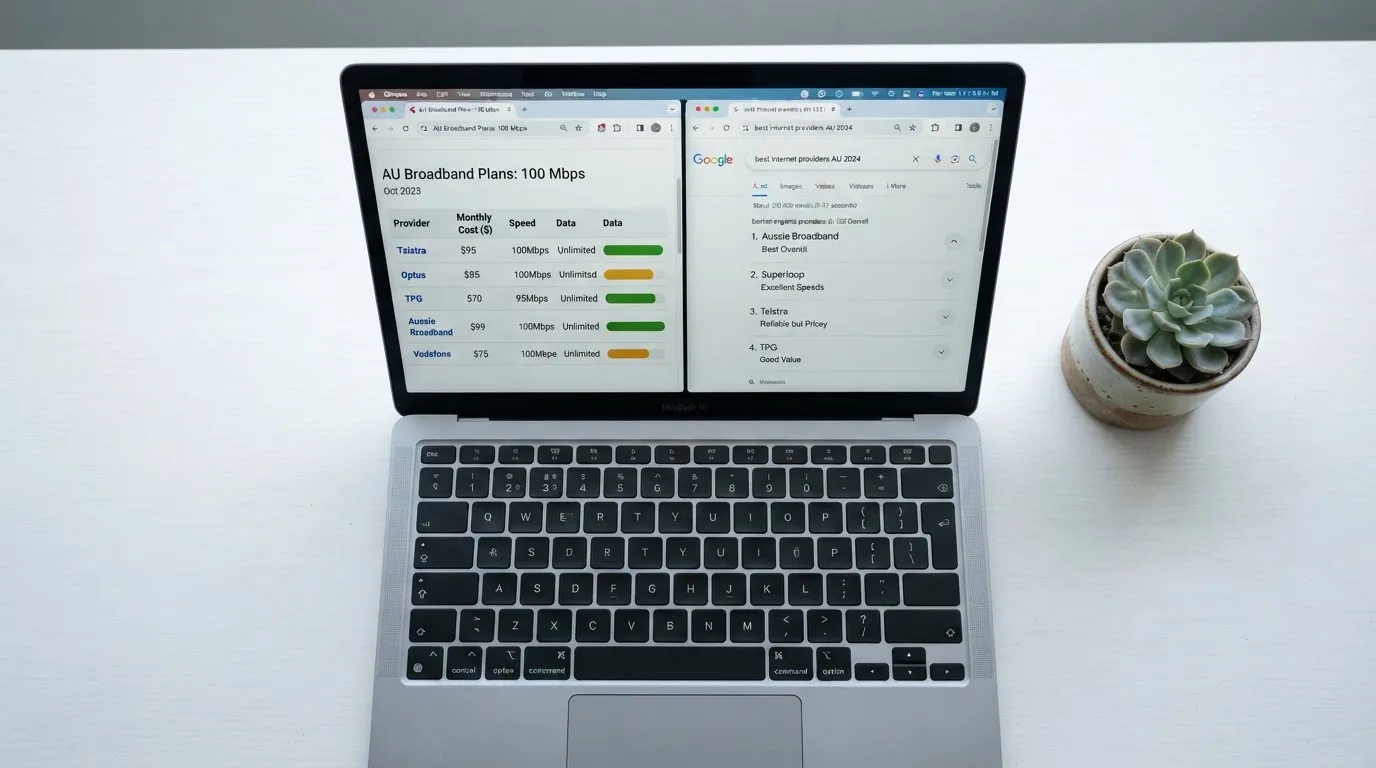 A laptop screen split between two browser tabs, one showing a comparison table and the other a search results page.