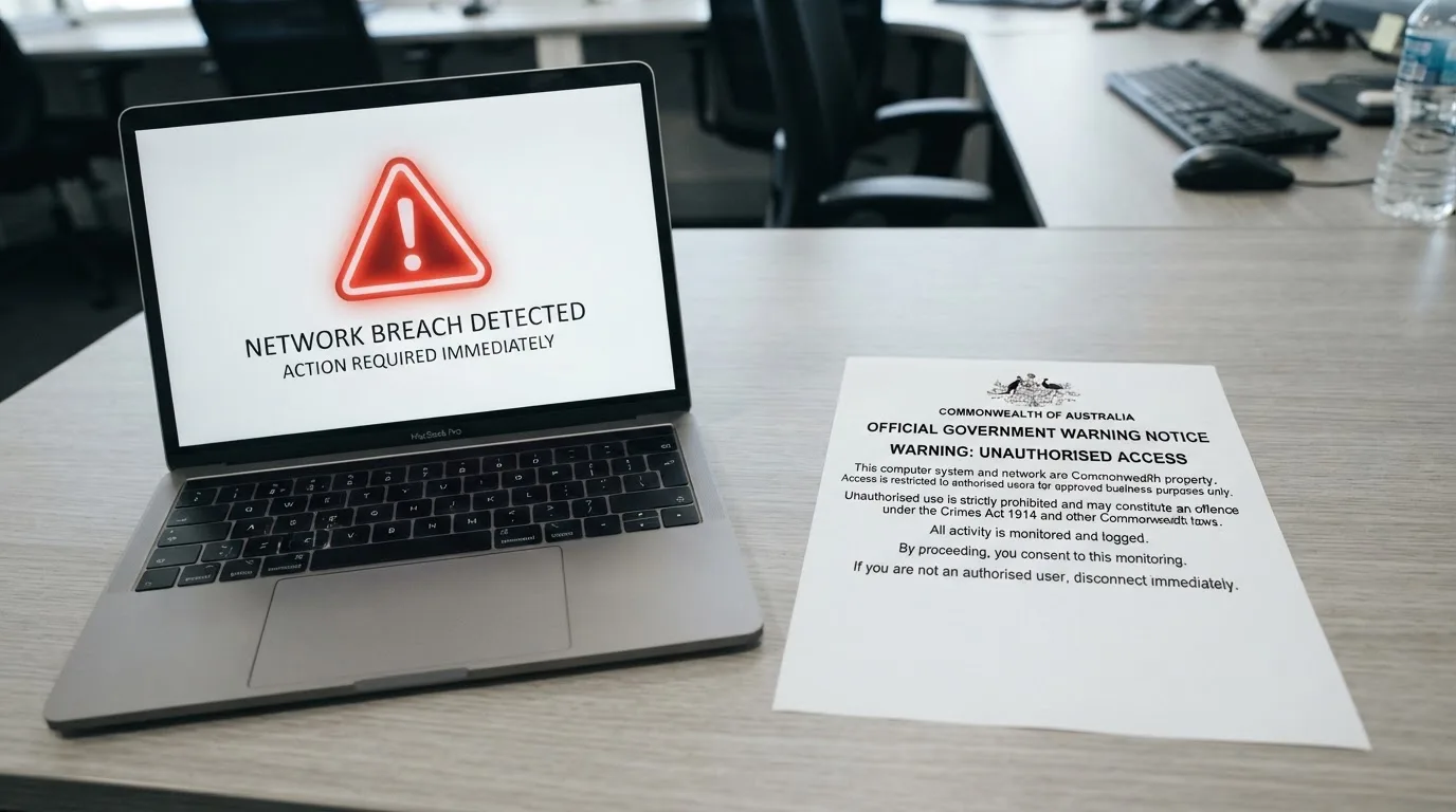 A printed government warning notice on a desk beside a laptop with a red alert icon on the screen.
