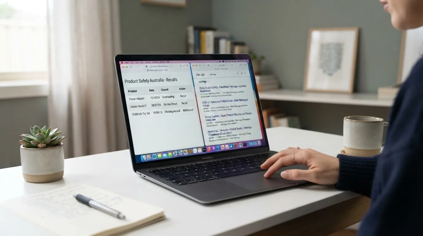 A laptop screen split between two browser tabs, one showing a comparison table and the other a search results page.