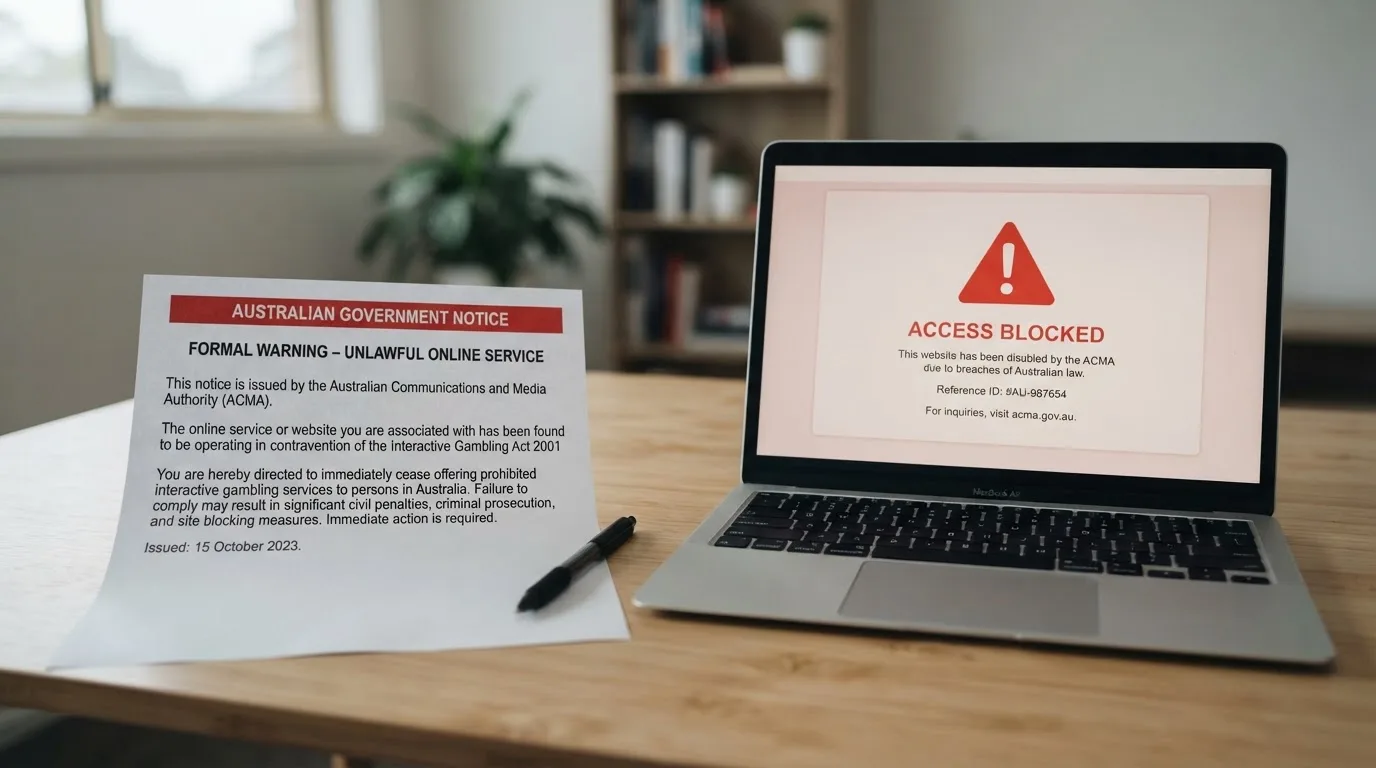 A printed government warning notice on a desk beside a laptop with a red alert icon on the screen.