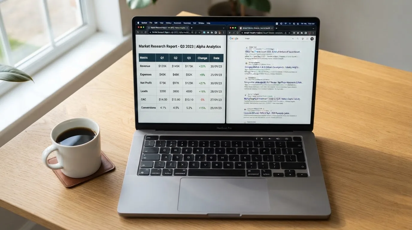 A laptop screen split between two browser tabs, one showing a comparison table and the other a search results page.