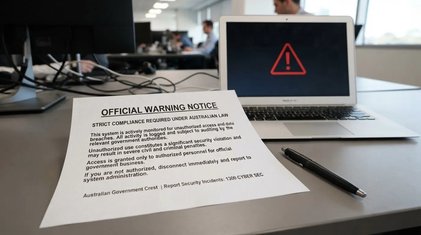 A printed government warning notice on a desk beside a laptop with a red alert icon on the screen.