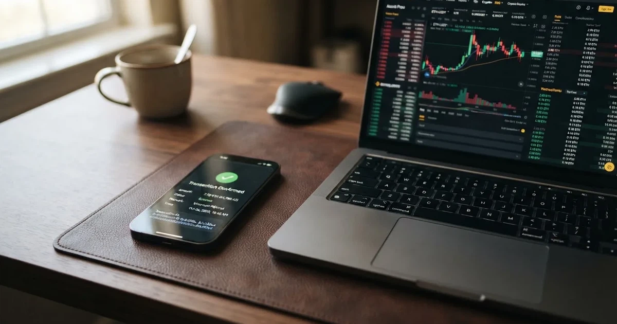 A phone displaying a blockchain transaction confirmation screen next to a laptop keyboard.