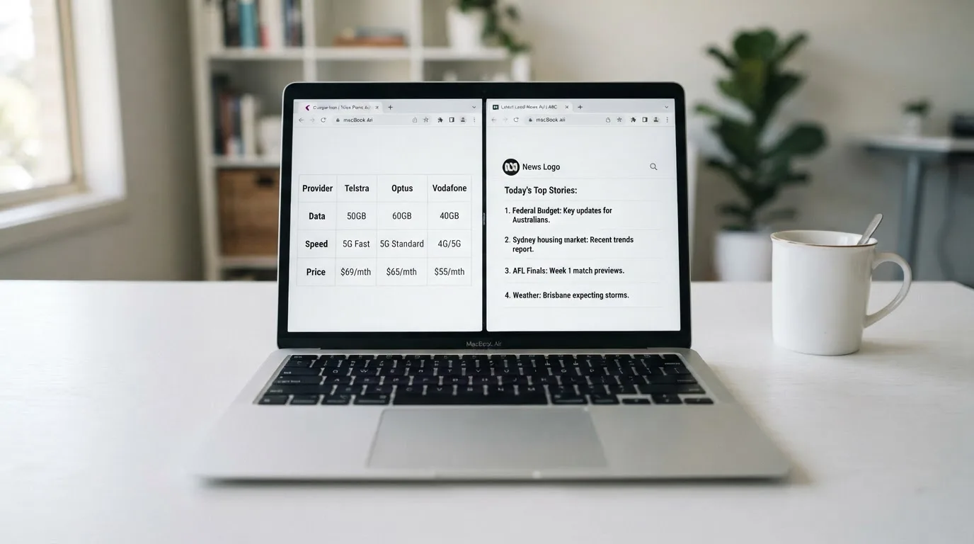 A laptop screen split between two browser tabs, one showing a comparison table and the other a search results page.