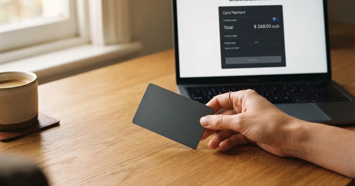A hand holding a bank card next to a laptop showing an online payment form.