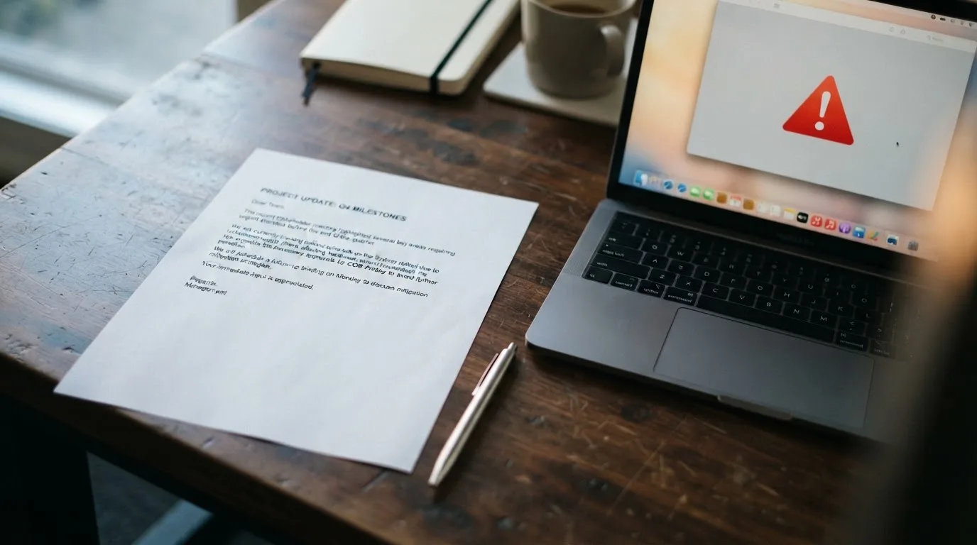 A printed government warning notice on a desk beside a laptop with a red alert icon on the screen.