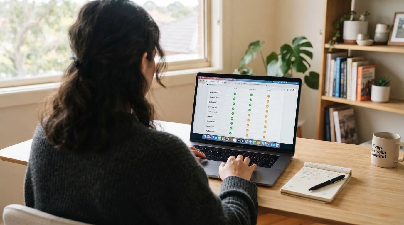 A laptop screen split between two browser tabs, one showing a comparison table and the other a search results page.