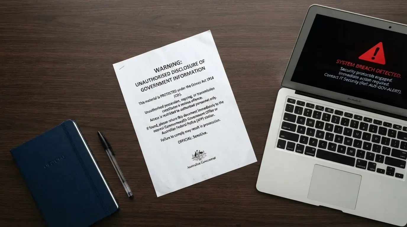 A printed government warning notice on a desk beside a laptop with a red alert icon on the screen.