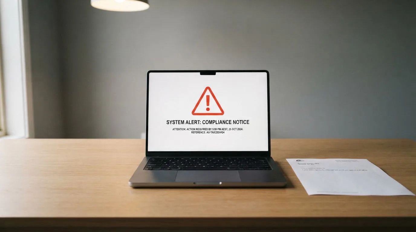 A printed government warning notice on a desk beside a laptop with a red alert icon on the screen.