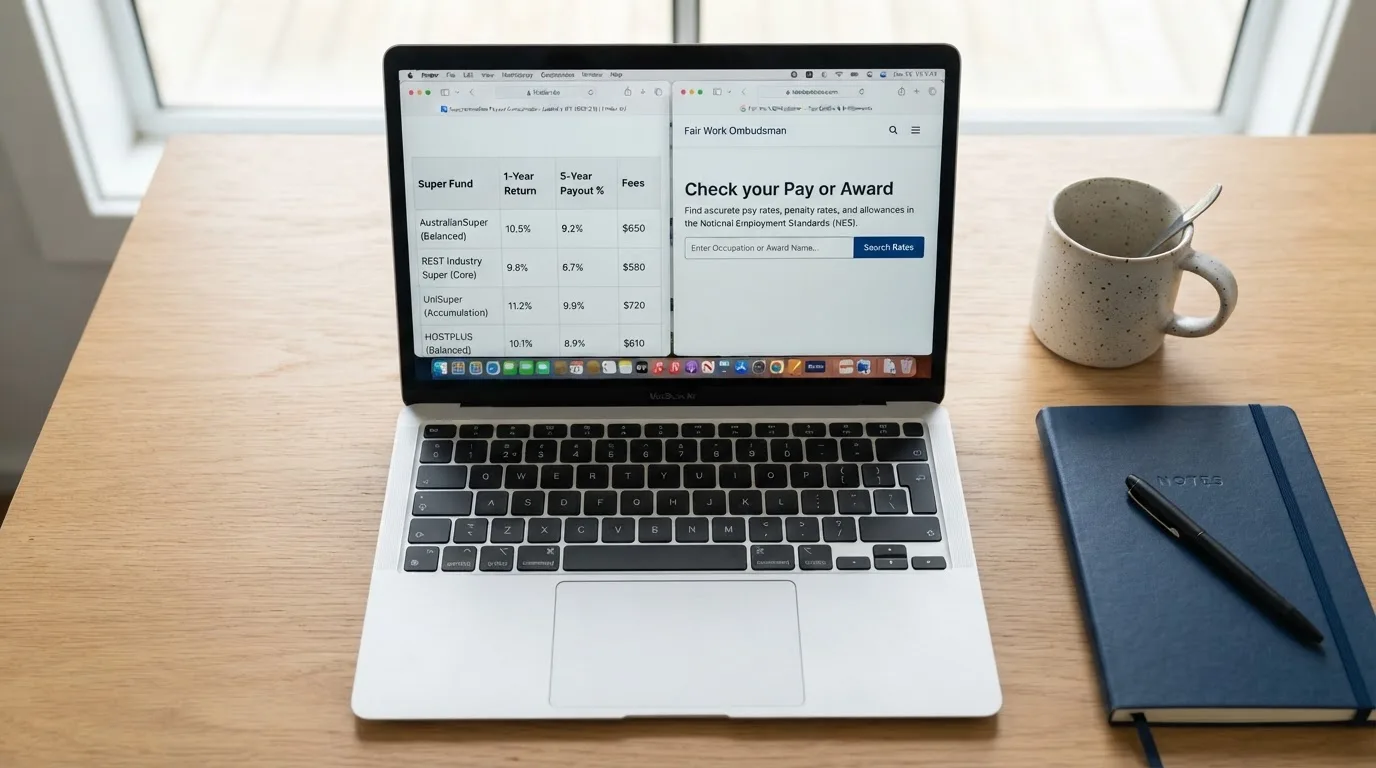 A laptop screen split between two browser tabs, one showing a comparison table and the other a search results page.