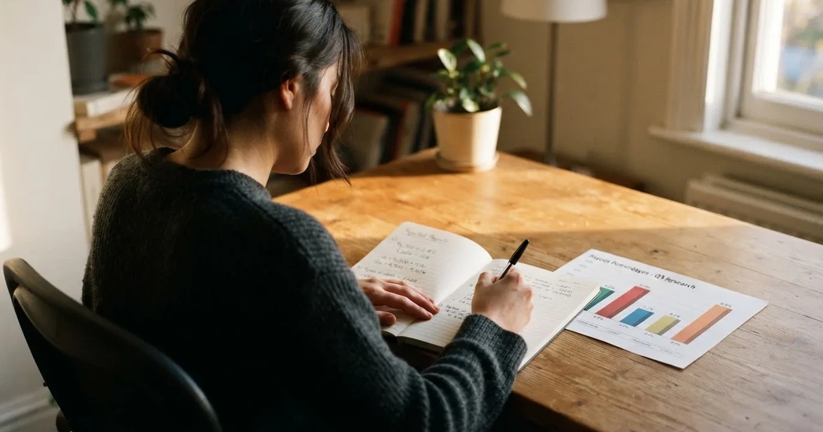 A calculator sitting next to a printed percentage chart on a desk.
