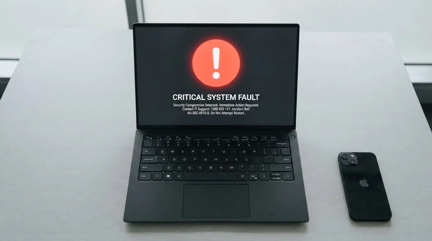 A printed government warning notice on a desk beside a laptop with a red alert icon on the screen.
