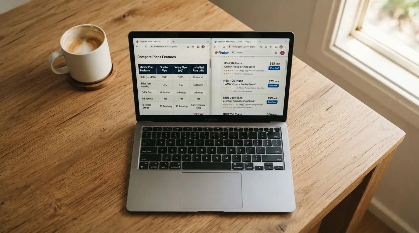 A laptop screen split between two browser tabs, one showing a comparison table and the other a search results page.