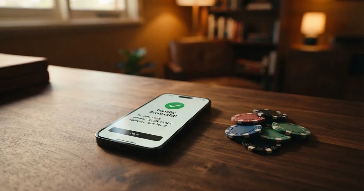 A phone displaying a bank transfer confirmation screen next to a stack of Australian dollar notes.