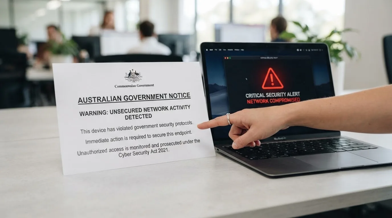 A printed government warning notice on a desk beside a laptop with a red alert icon on the screen.