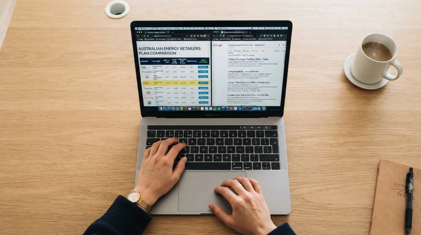 A laptop screen split between two browser tabs, one showing a comparison table and the other a search results page.