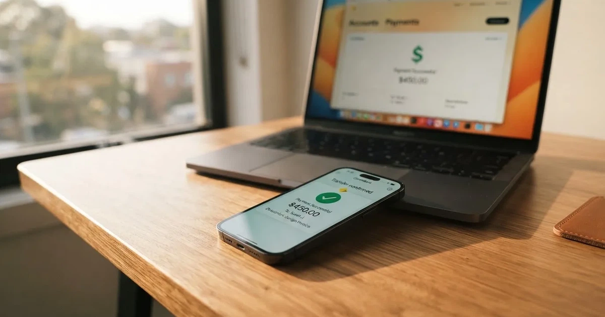 A phone showing a PayID-style bank transfer confirmation next to a laptop.