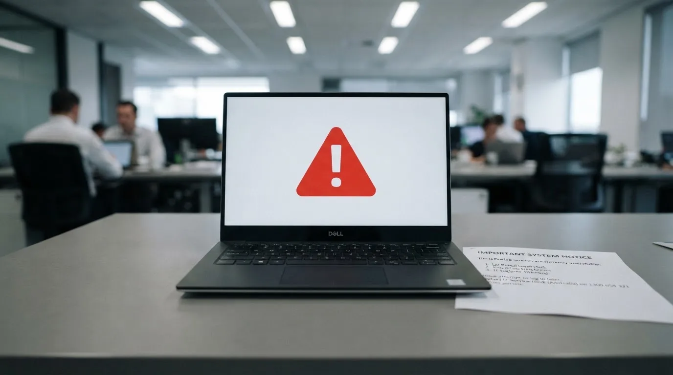 A printed government warning notice on a desk beside a laptop with a red alert icon on the screen.