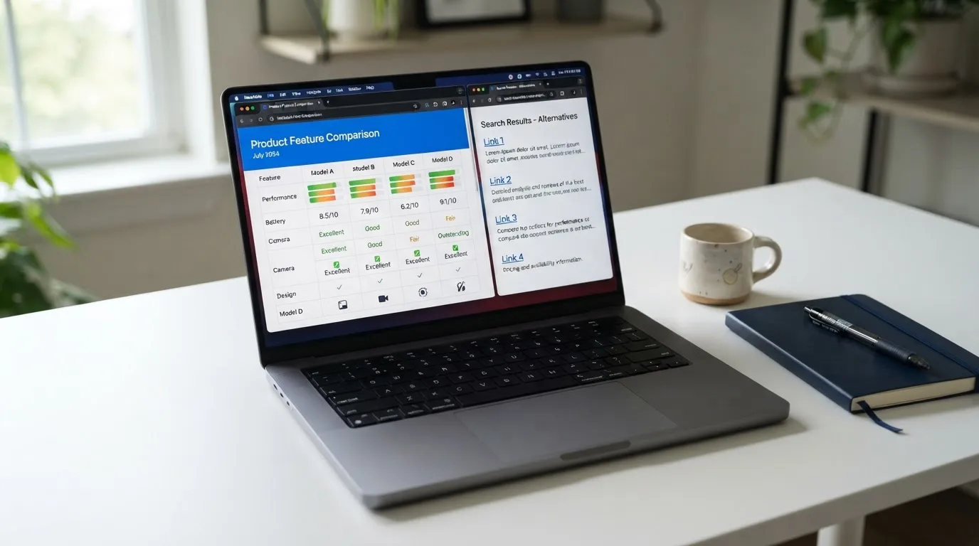 A laptop screen split between two browser tabs, one showing a comparison table and the other a search results page.