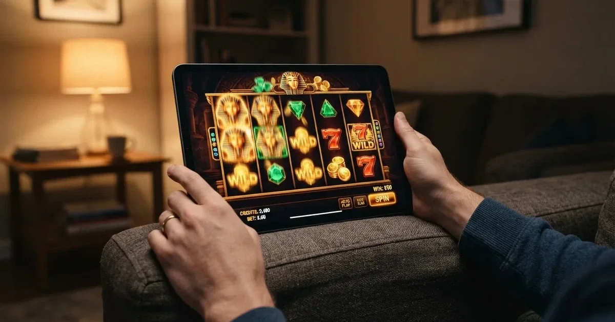 A hand holding a tablet with a touchscreen keypad displayed, resting on a couch armrest.