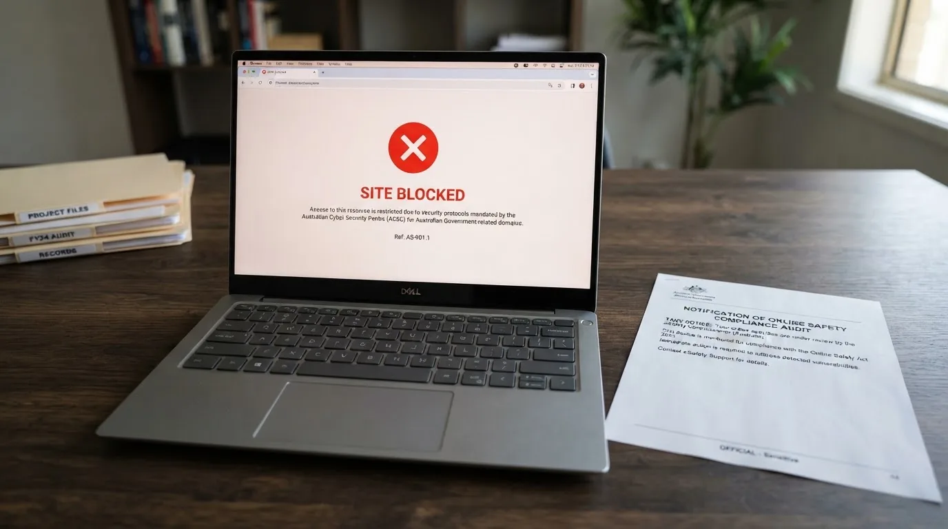 A printed government warning notice on a desk beside a laptop with a red alert icon on the screen.