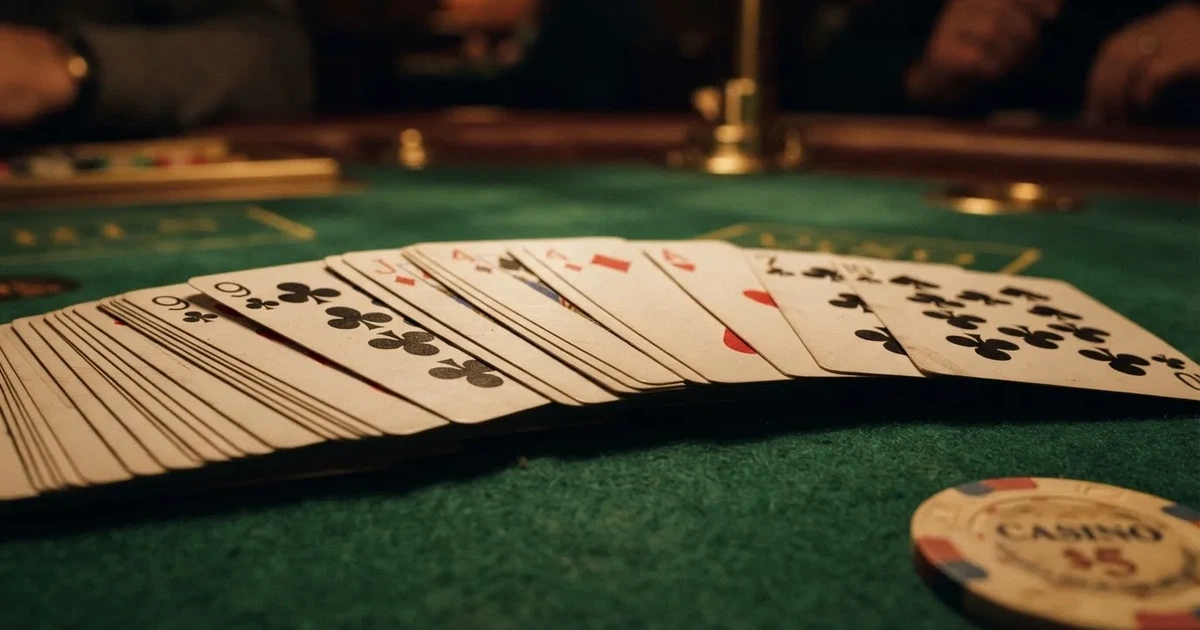 A close-up of a shuffled deck of playing cards fanned out on a green felt table.