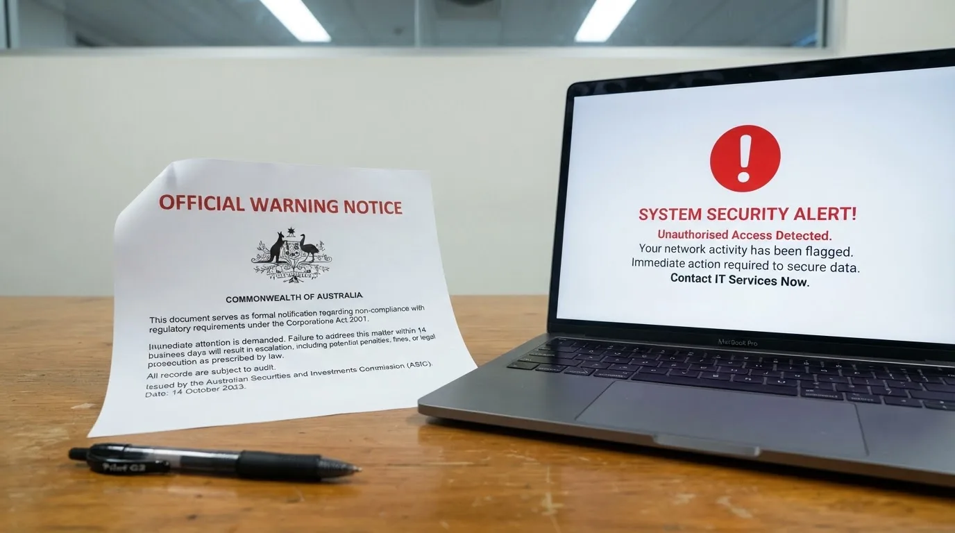 A printed government warning notice on a desk beside a laptop with a red alert icon on the screen.