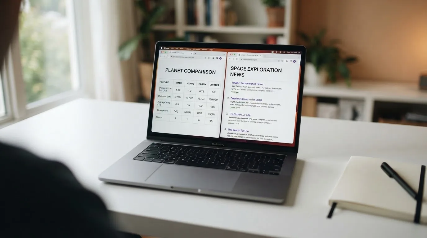 A laptop screen split between two browser tabs, one showing a comparison table and the other a search results page.