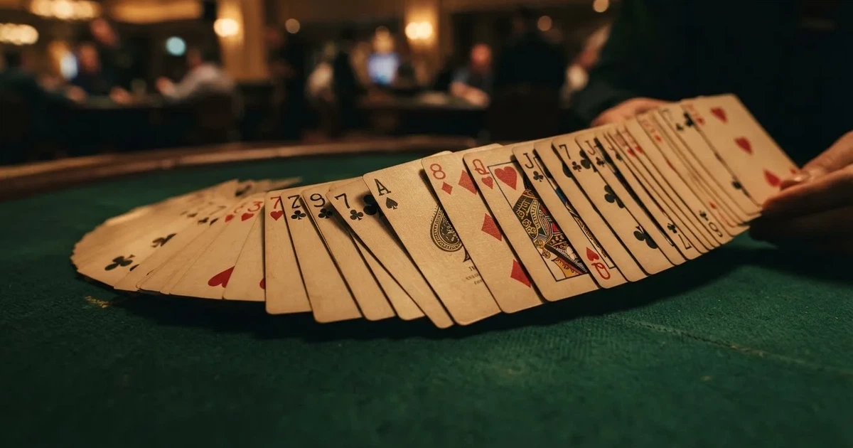 A close-up of a shuffled deck of playing cards fanned out on a green felt table.