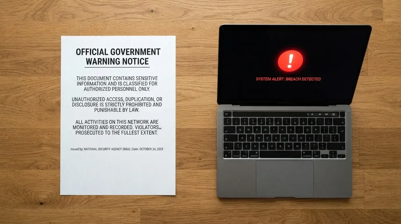 A printed government warning notice on a desk beside a laptop with a red alert icon on the screen.
