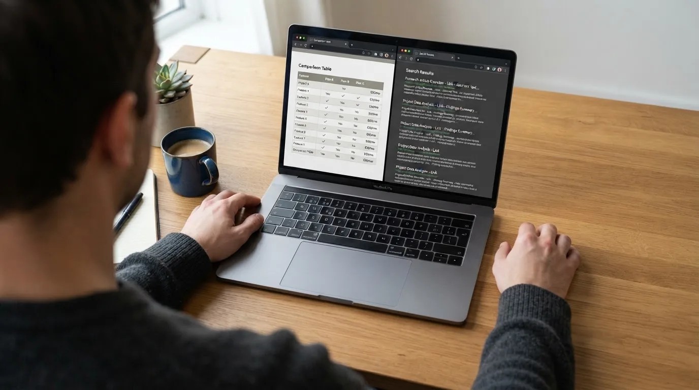A laptop screen split between two browser tabs, one showing a comparison table and the other a search results page.
