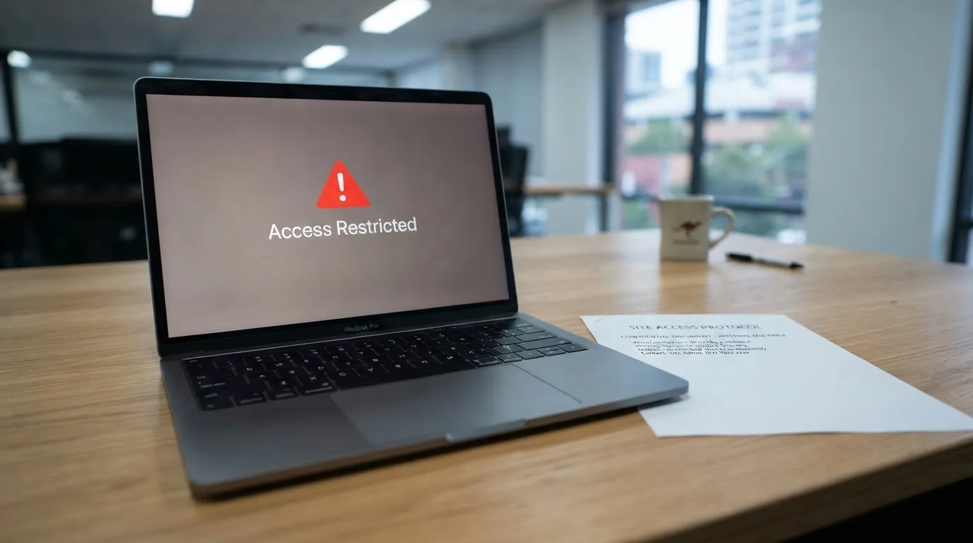 A printed government warning notice on a desk beside a laptop with a red alert icon on the screen.
