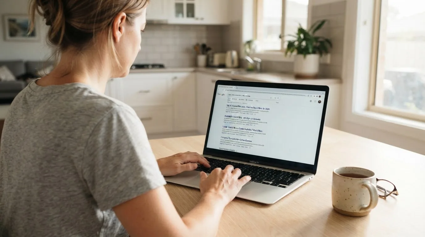 A person sits at a kitchen table, scrolling a laptop showing a general search results page about casino bonus offers.