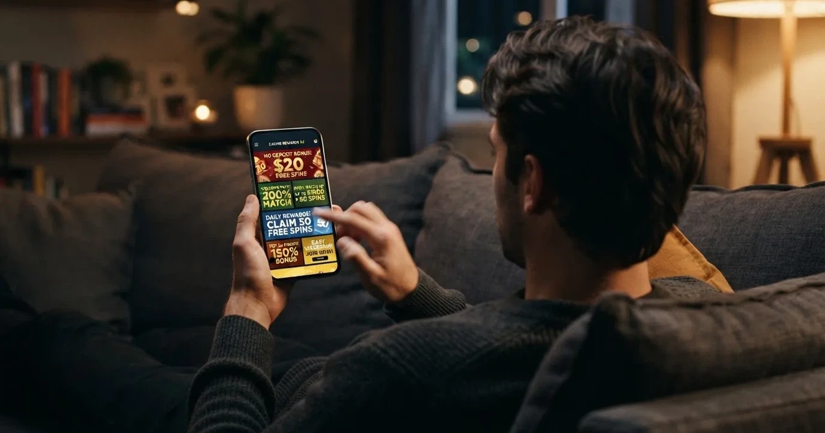 A phone screen shows a list of promotional bonus tiles as someone scrolls with one thumb on a couch in the evening.