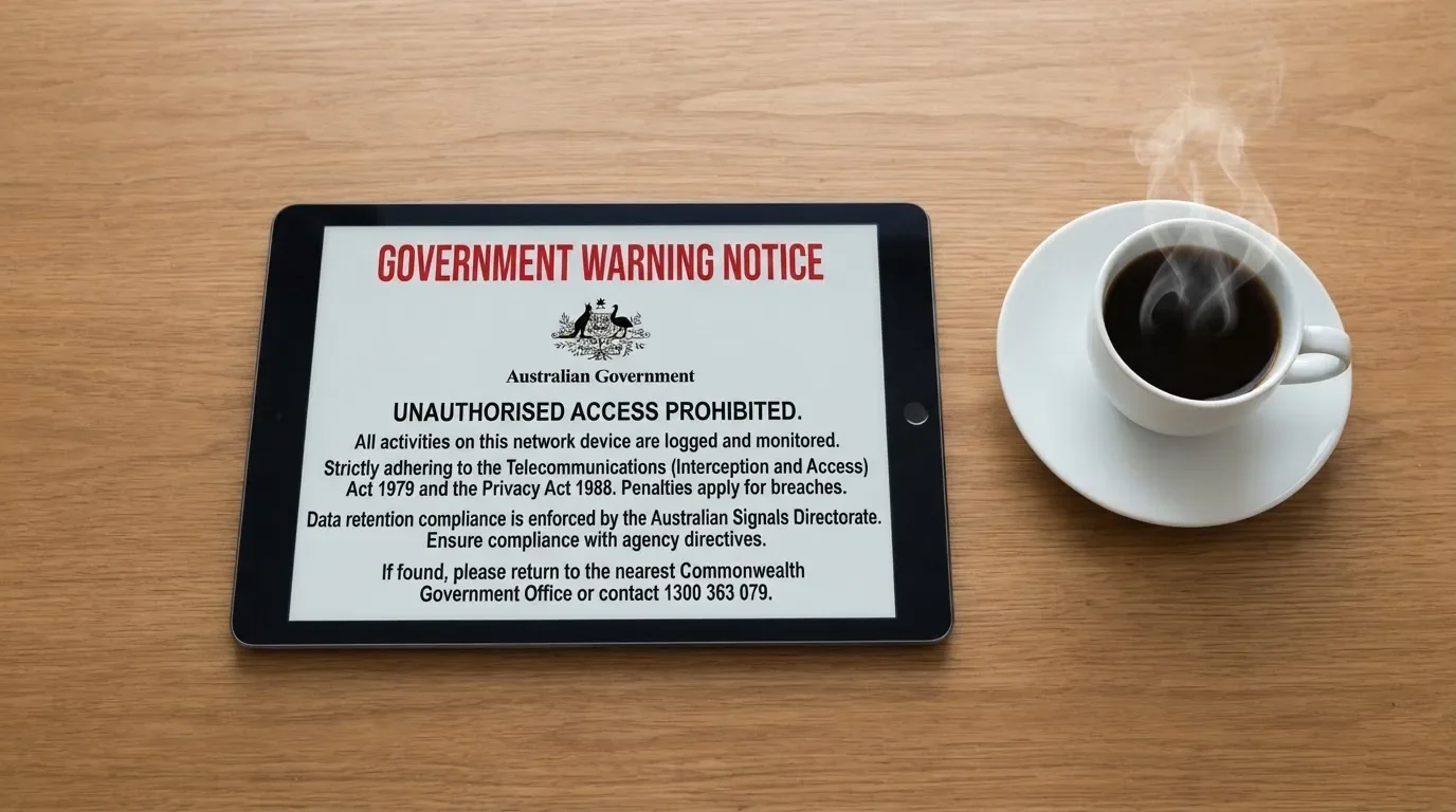 A tablet on a desk displays a plain government-style warning notice page, with a coffee cup beside it.