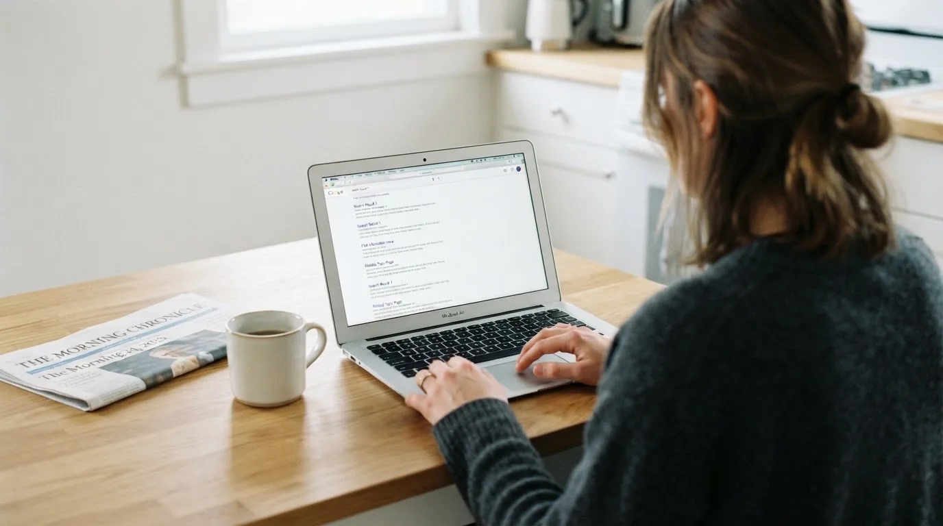 A person sits at a kitchen table, scrolling a laptop showing a general search results page about new casino sites.