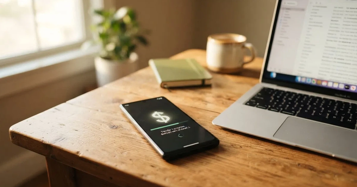 Close-up of a smartphone banking app open beside a laptop on a home desk, mid-transfer.