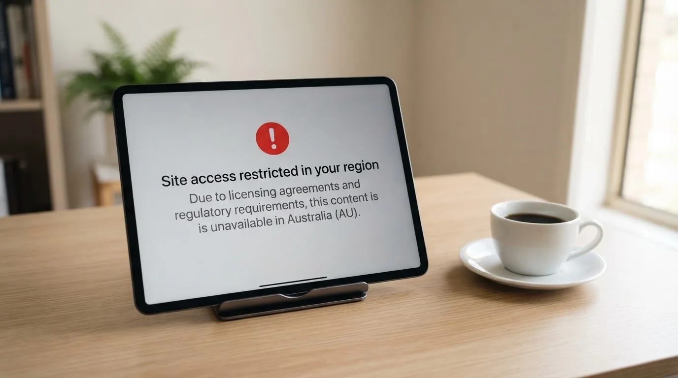 A tablet on a desk displays a plain government-style warning notice page, with a coffee cup beside it.
