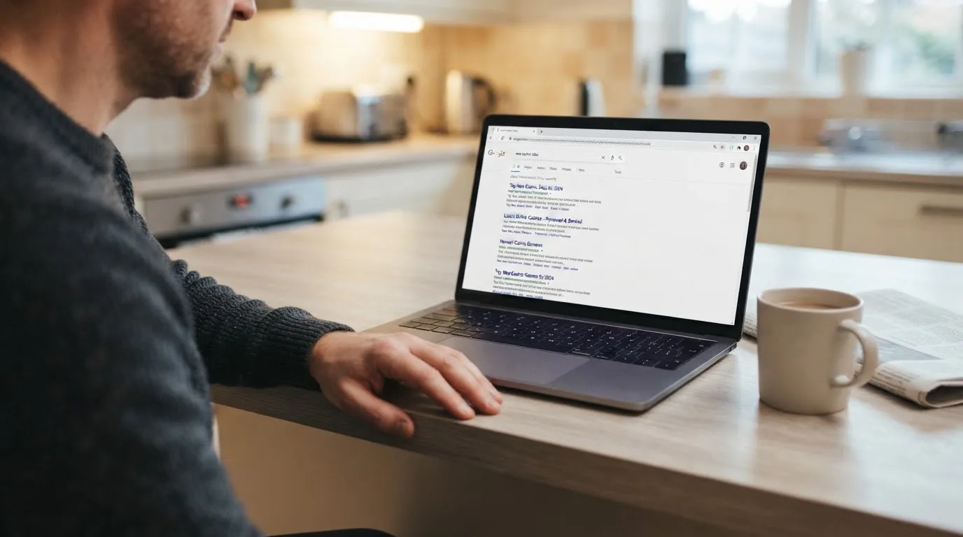 A person sits at a kitchen table, scrolling a laptop showing a general search results page about new casino sites.