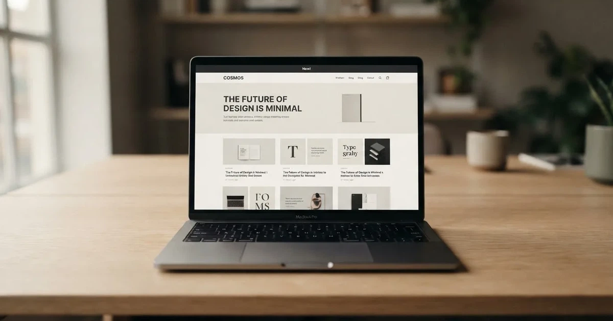 A laptop screen shows a freshly loading website homepage with a 'new' banner, on a plain desk.