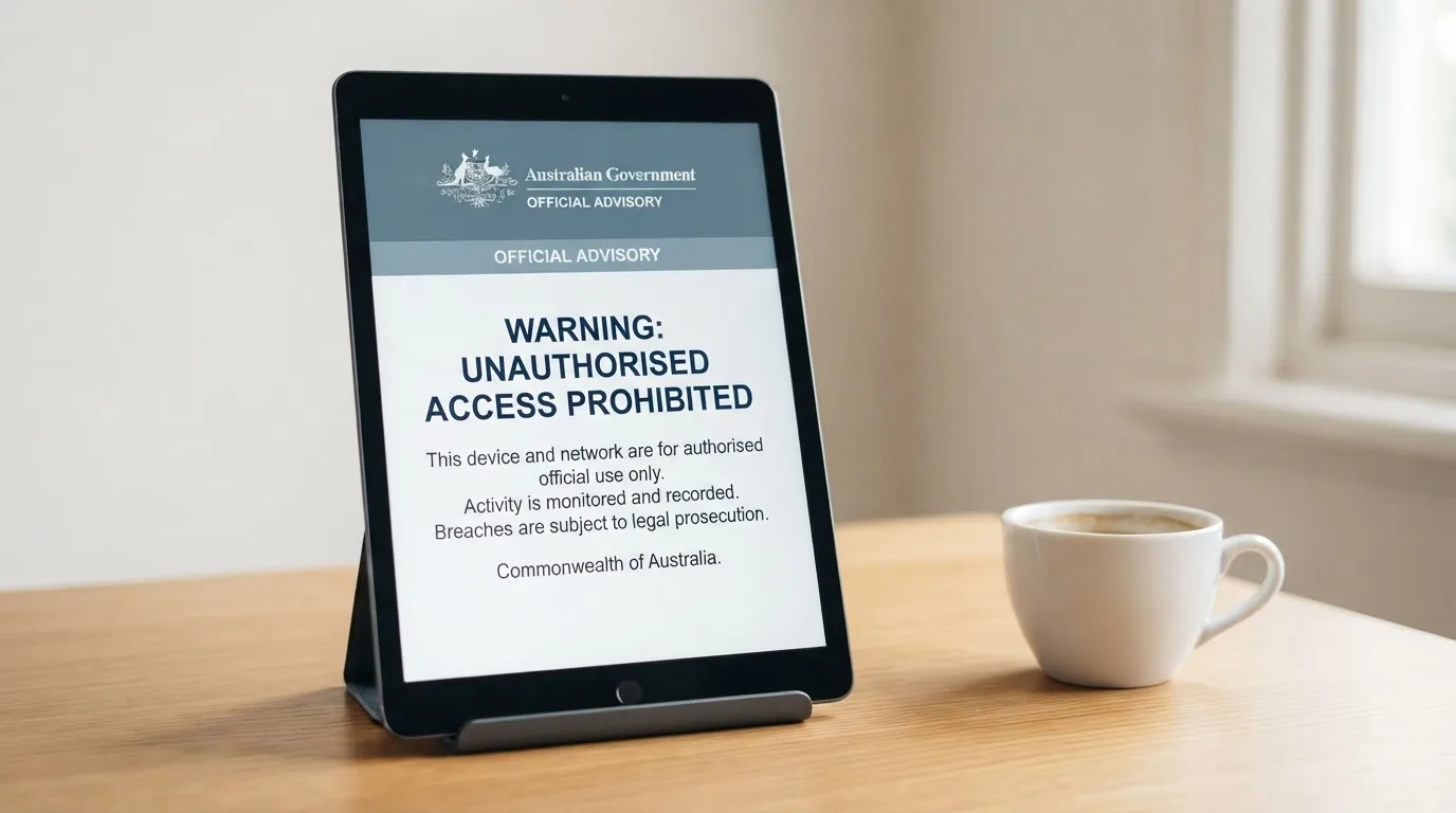 A tablet on a desk displays a plain government-style warning notice page, with a coffee cup beside it.