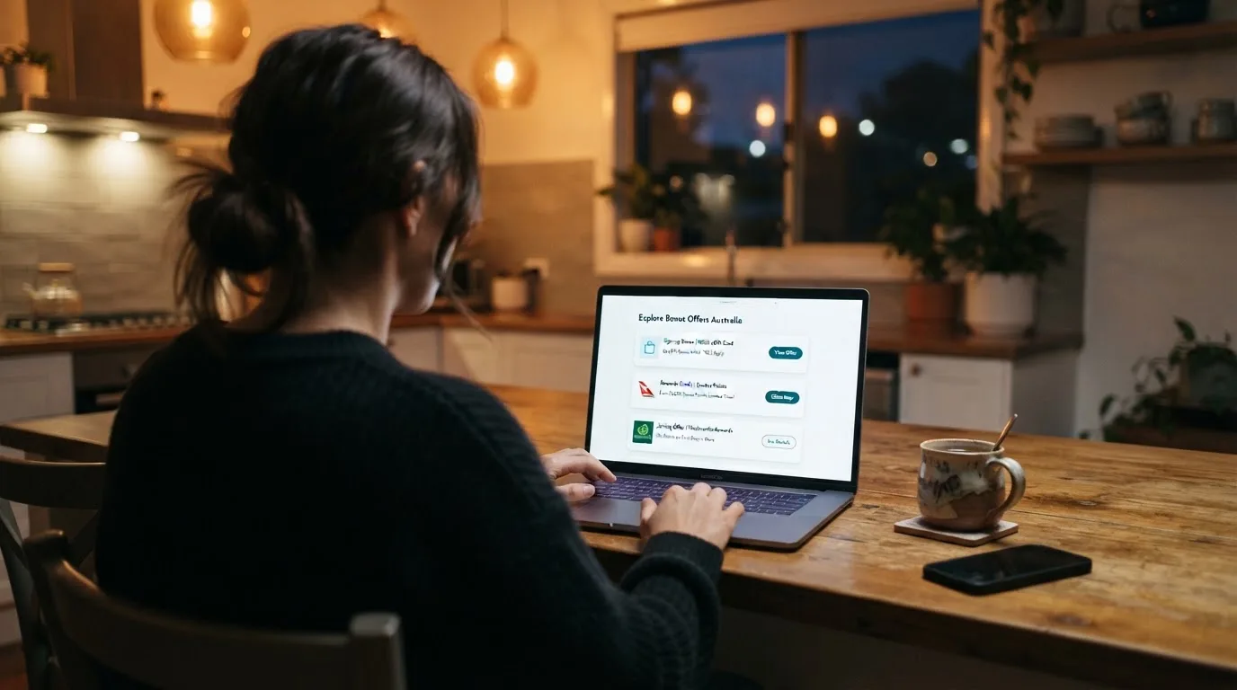 A person sits at a kitchen table in the evening, scrolling a laptop showing a general search results page about bonus offers.