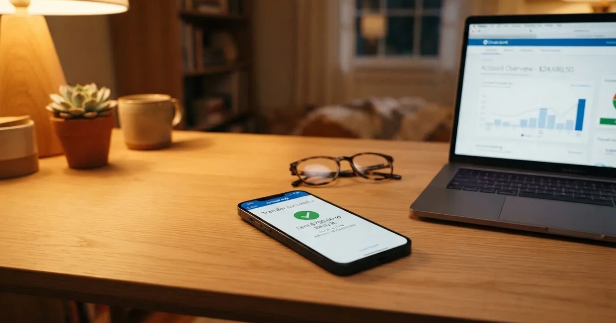 Close-up of a smartphone banking app open beside a laptop on a home desk, mid-transfer.