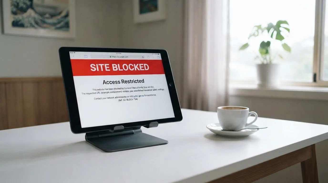 A tablet on a desk displays a plain government-style warning notice page, with a coffee cup beside it.
