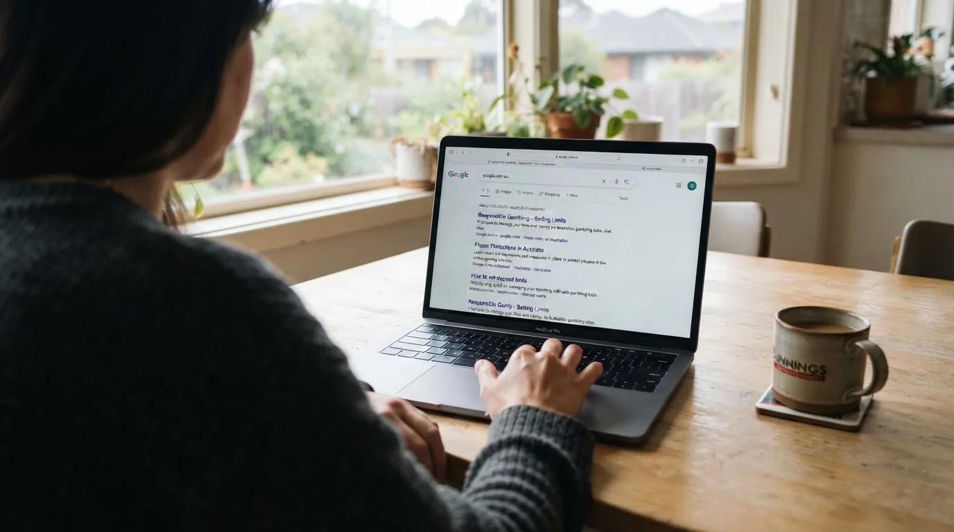 A person sits at a kitchen table, scrolling a laptop showing a general search results page about deposit limits.