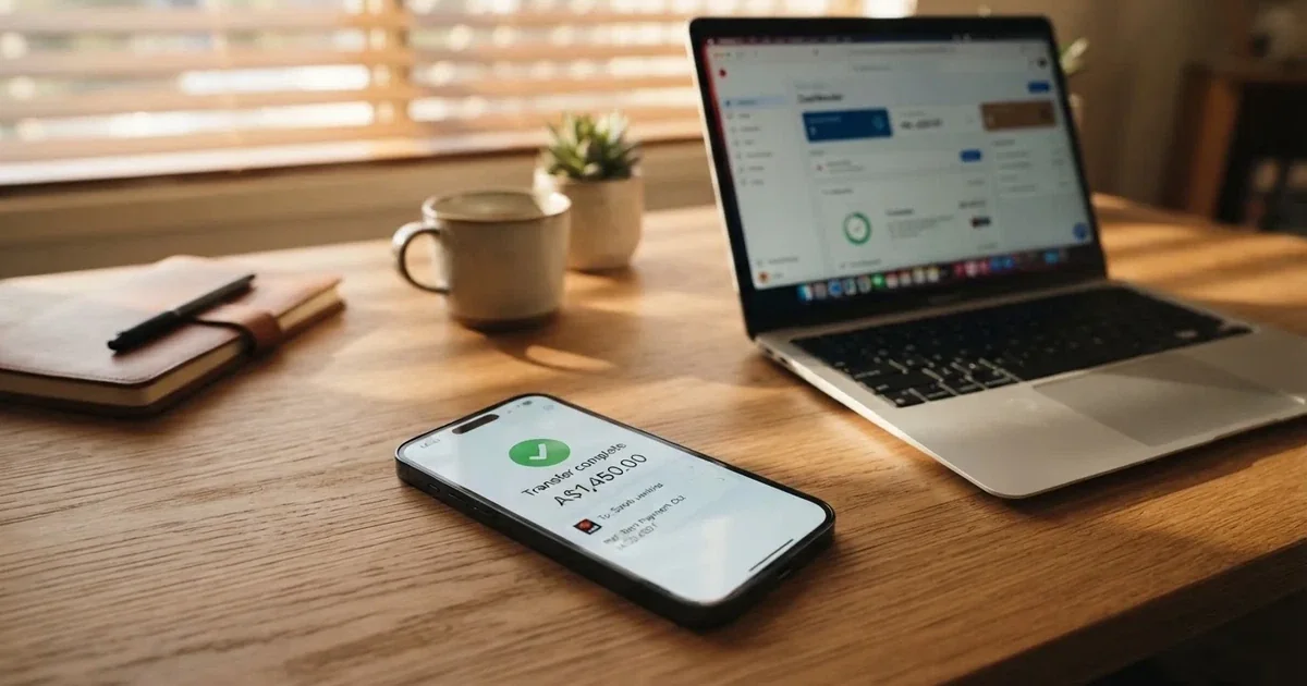 Close-up of a smartphone banking app open beside a laptop on a home desk, mid-transfer.