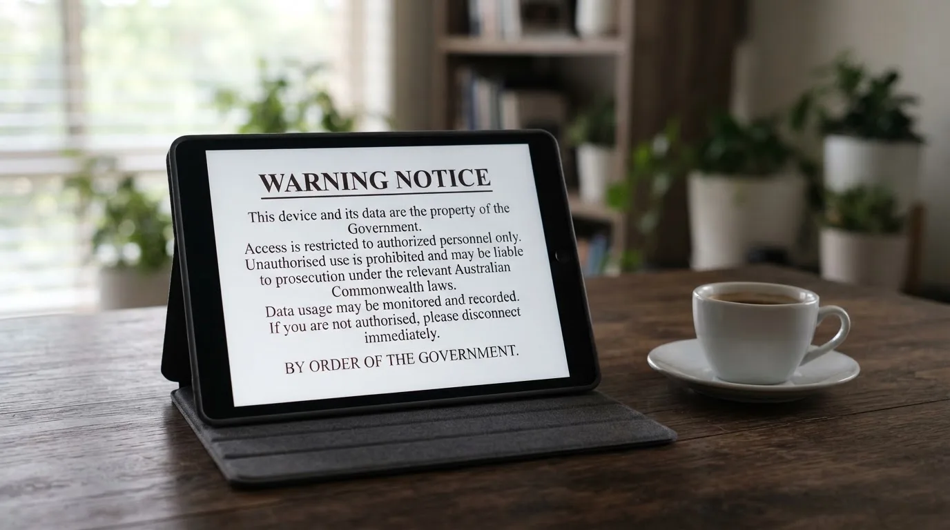 A tablet on a desk displays a plain government-style warning notice page, with a coffee cup beside it.