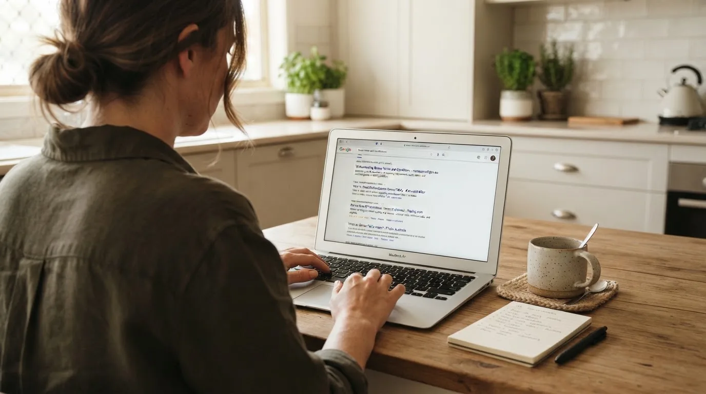 A person sits at a kitchen table, scrolling a laptop showing a general search results page about bonus terms.