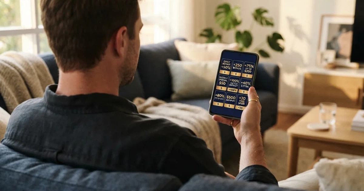 A phone screen shows a list of promotional bonus tiles as someone scrolls with one thumb on a couch.